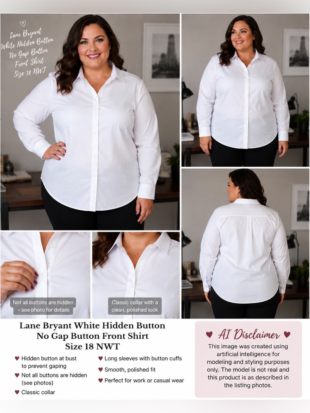 Lane Bryant White Hidden Button No Gap Button Front Shirt Size 18 NWT